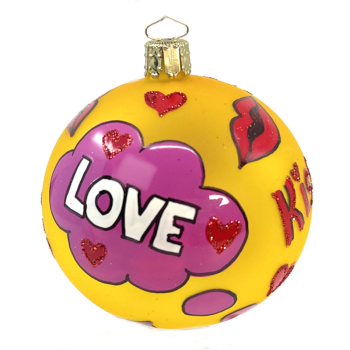 Christborn Weihnachtsanhänger, Kugel Pop Art Love gelb, rot pink bemalt, Love, Kiss, front